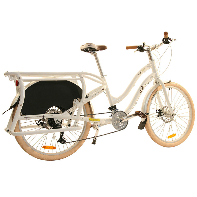 Vélo cargo Yuba Boda Boda blanc vue 3/4 arrière