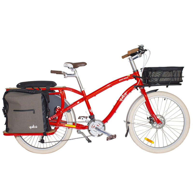 Vélo cargo Yuba Boda Boda rouge sacoches