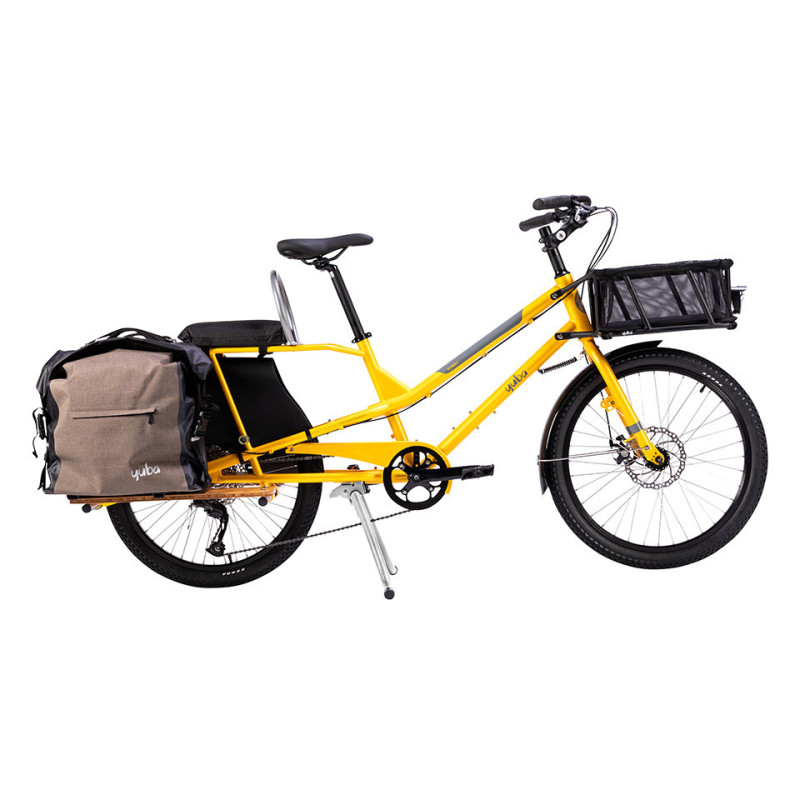 Vélo cargo Yuba Kombi jaune panier sacoches