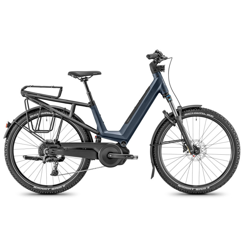 Vélo randonnée électrique Moustache Samedi 27 Xroad FS 4 bleu porte-bagages suspendu