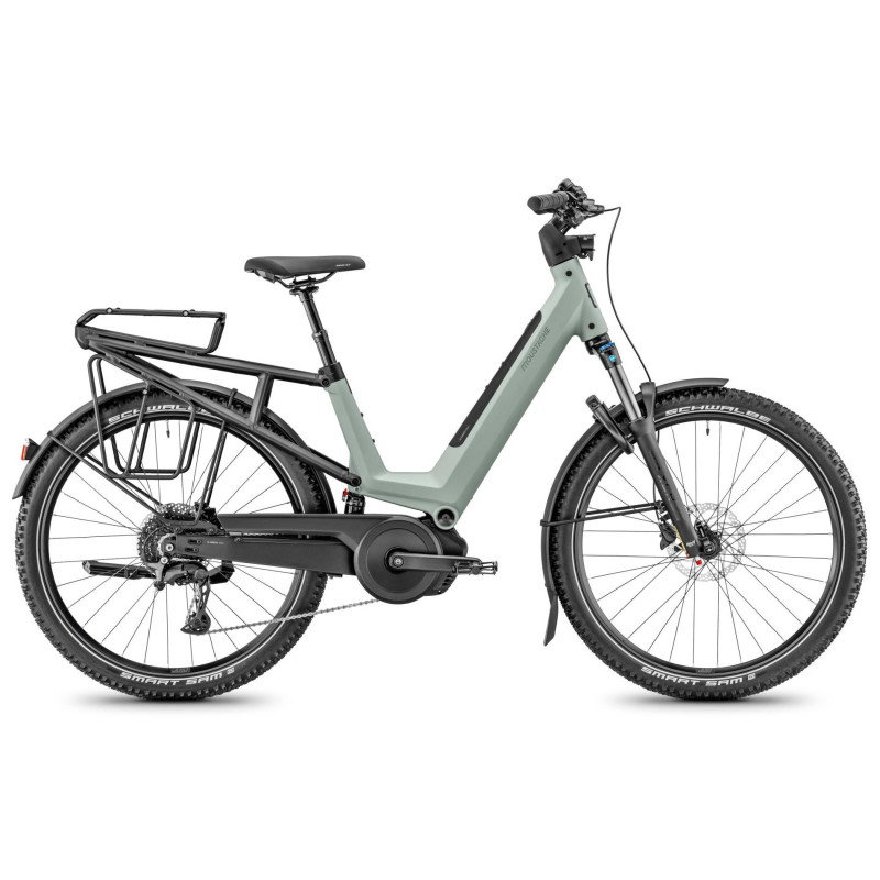 Vélo randonnée électrique Moustache Samedi 27 Xroad FS 4 vert porte-bagages suspendu
