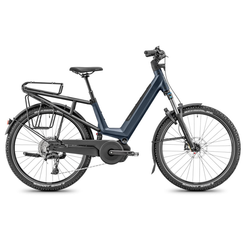 Vélo randonnée électrique Moustache Samedi 27 Xroad FS 6 bleu porte-bagages suspendu