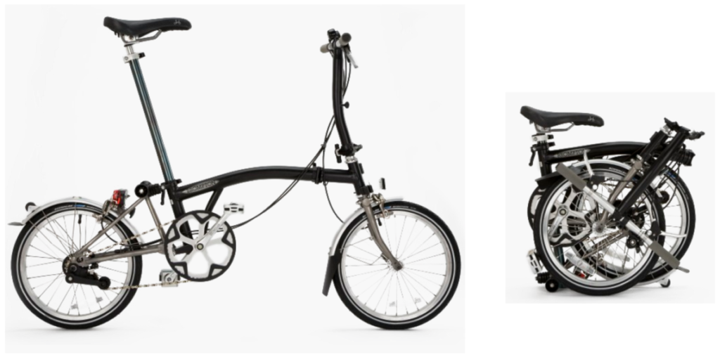 Vue vélo pliable Brompton plié et déplié