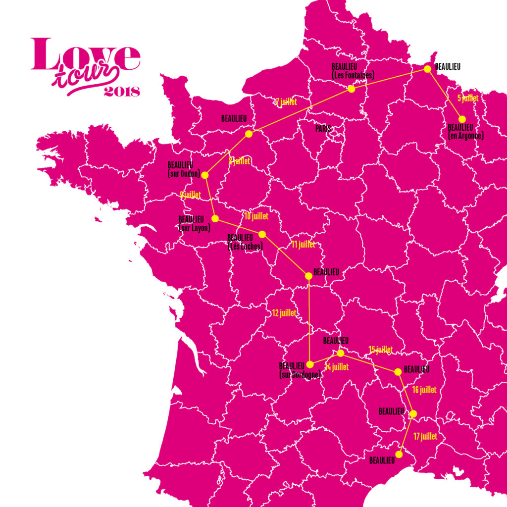 Carte indiquant le trajet du Love Tour 2018