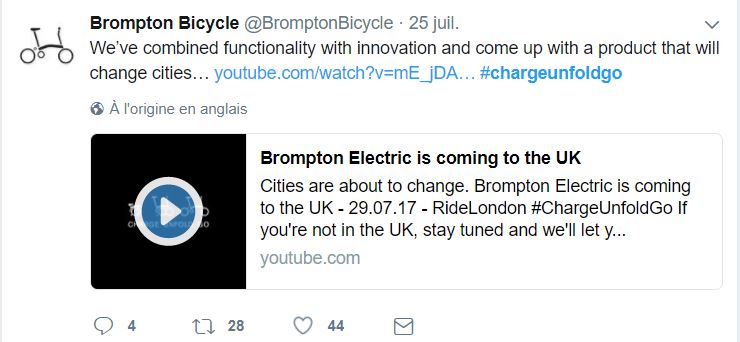 Tweet de Brompton annonçant la sortie du brompton electrique
