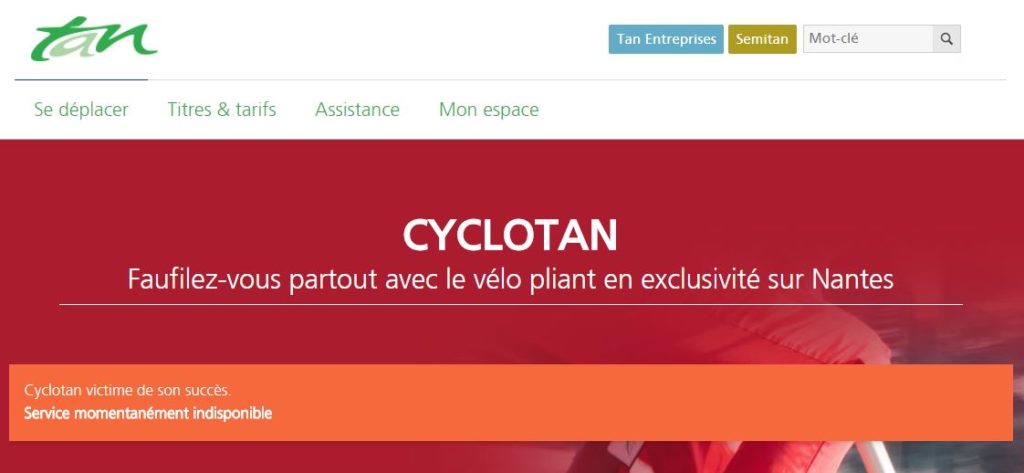 Capture d'écran site TAN Nantes montrant le service indisponible