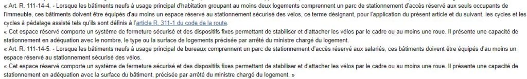 Extrait du décret du 250711 sur les obligations en matière d'installation de garage à vélo dans les bâtiments neufs