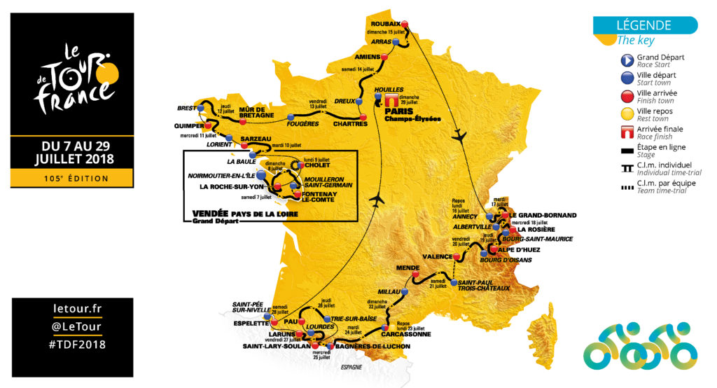 Carte indiquant les villes-étapes du Tour de France 2018
