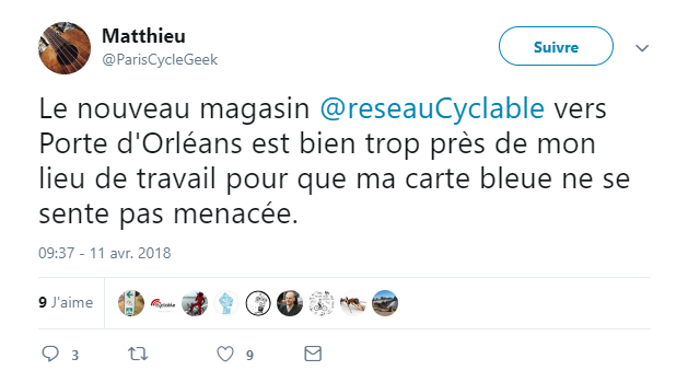 Tweet d'un client avant l'ouverture de Cyclable Paris 14