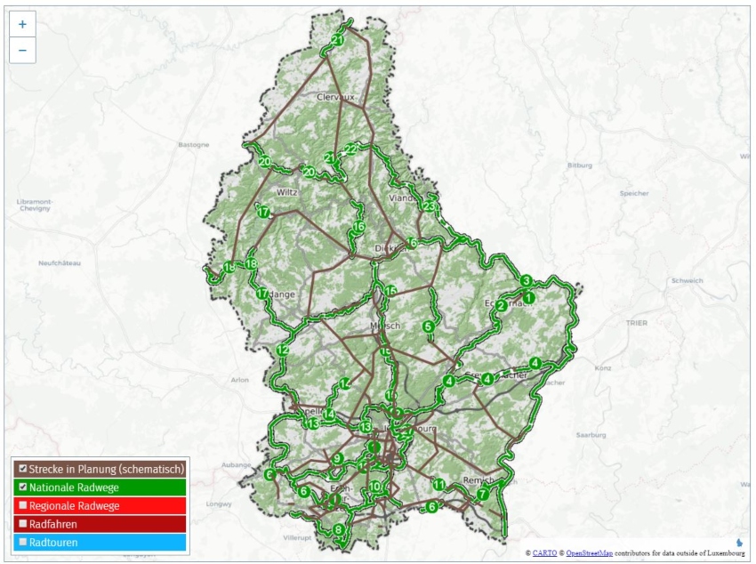 Plan du réseau de pistes Cyclable au Luxembourg