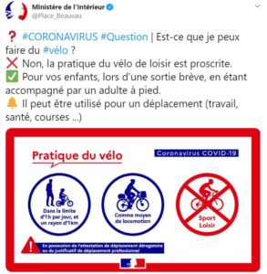 Communication officielle ministère pour l'utilisation du vélo en période covid-19