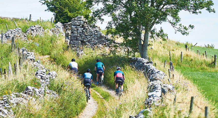 Quatre cyclistes en vélo gravel de dos sur un chemin en pente bordé de vieux murs en pierre