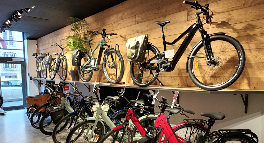 Le showroom lumineux en bardage bois de Cyclable Nancy mettant en valeur une grande variété de vélos : VAE urbains, VTTAE, gravel, triporteur.