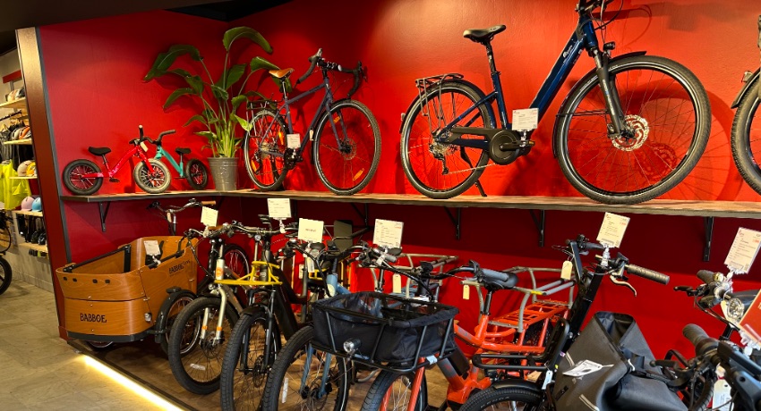 Le showroom du nouveau magasin Cyclable Nancy avec un triporteur, des longtails, des VAE, un vélo gravel, des draisiennes. 